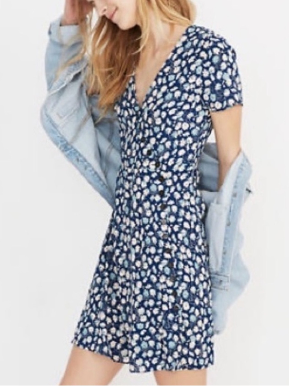 Madewell Blue Floral Button Wrap Mini Dress, Size 10, NWT